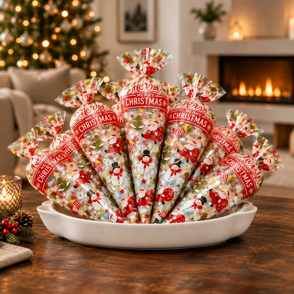 BOLSA CONO DE MOTIVOS NAVIDEÑOS RELLENA DE CHUCHES